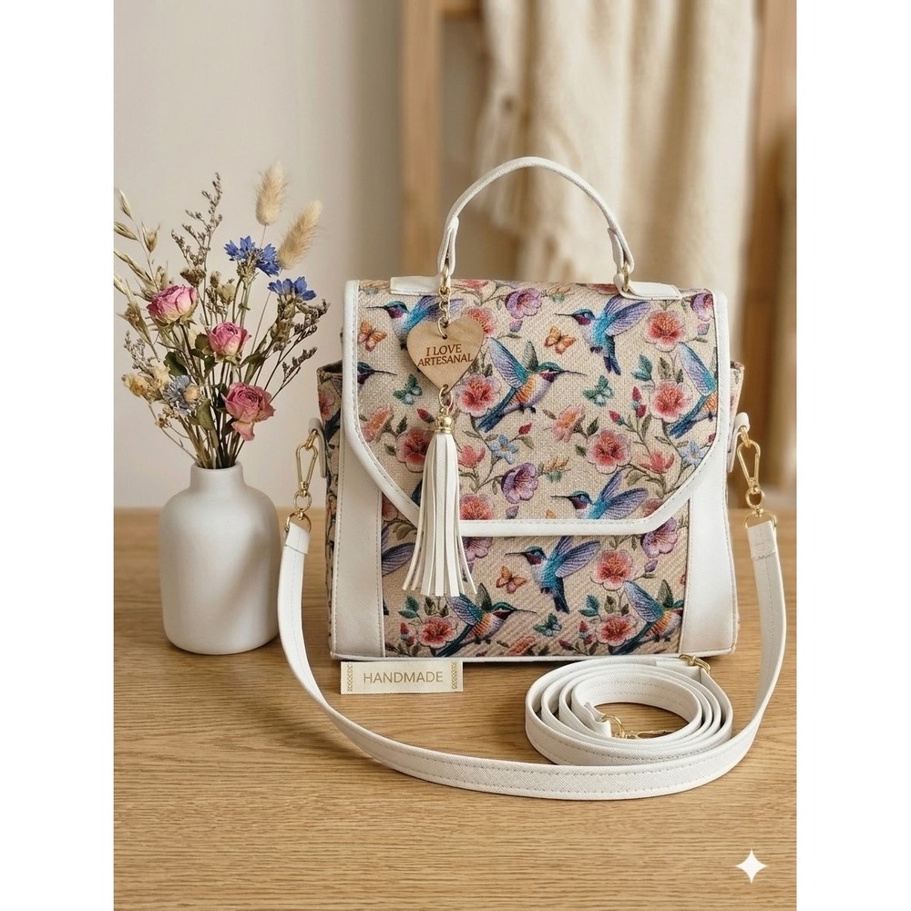 Handmade Hummingbird Floral Tapestry Satchel Crossbody Bag White Faux Leather